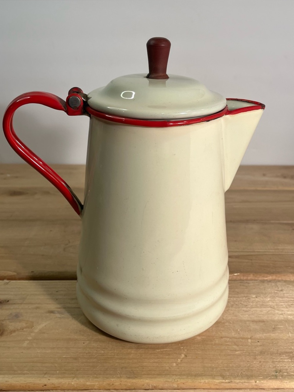 Vintage Enamelware Coffee Pot, Coffee Carrier White W/ Red Trim Rustic Farmhouse